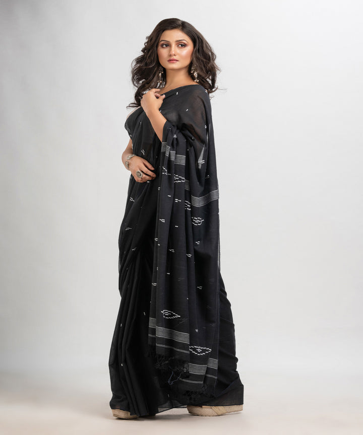 Black white handloom mulmul cotton bengal saree