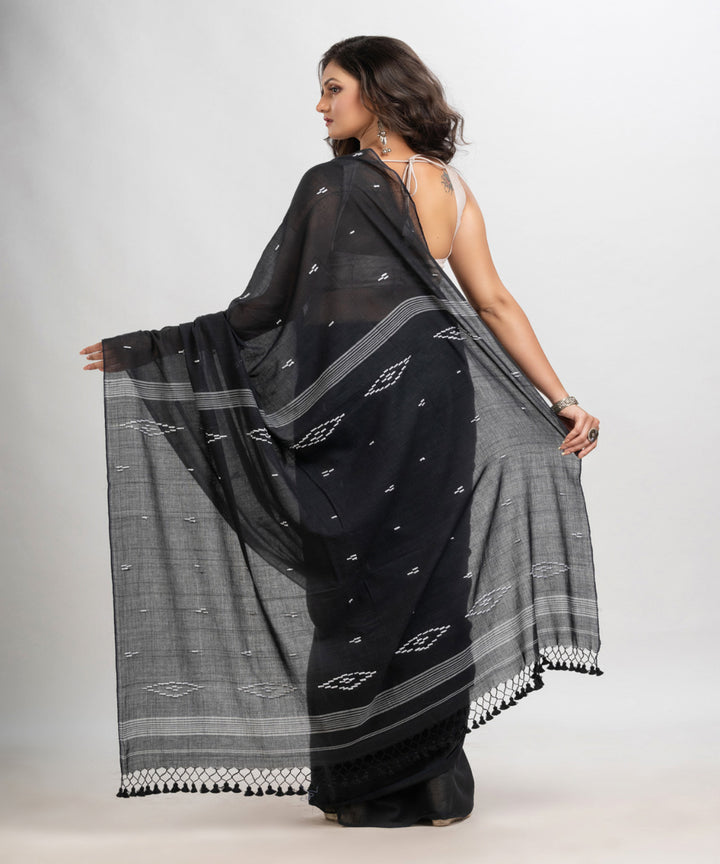 Black white handloom mulmul cotton bengal saree