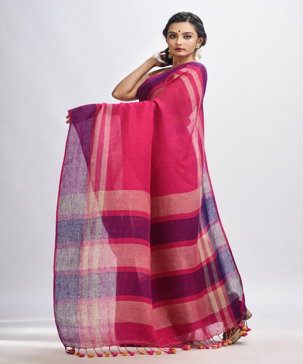 Pink purple handwoven linen bengal saree
