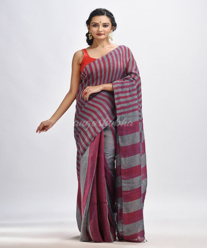 Maroon grey hand loom bengal linen saree