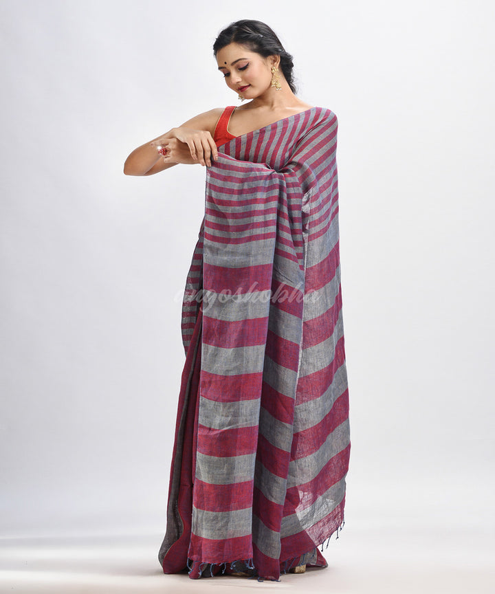 Maroon grey hand loom bengal linen saree