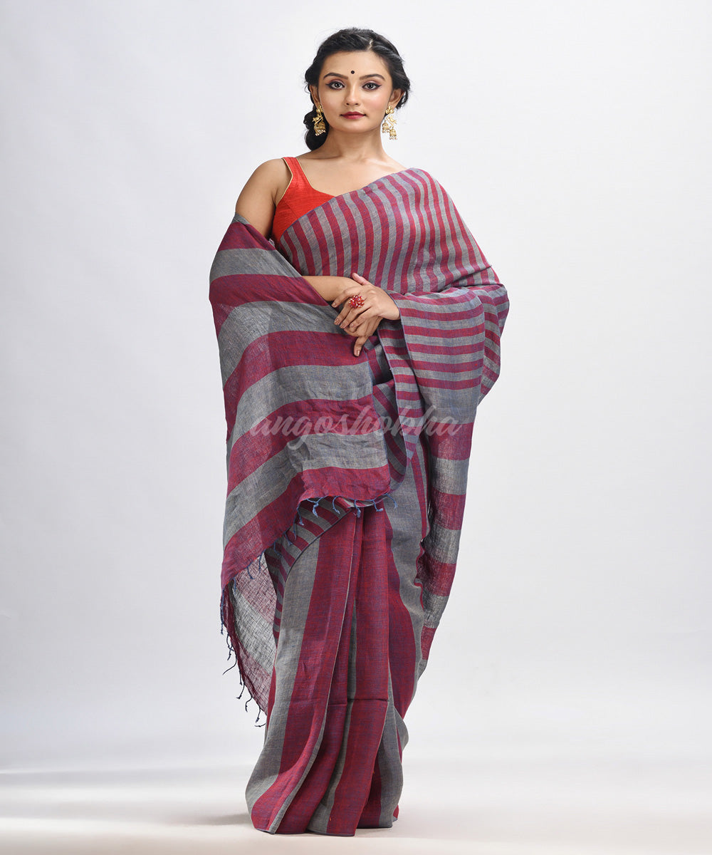 Maroon grey hand loom bengal linen saree