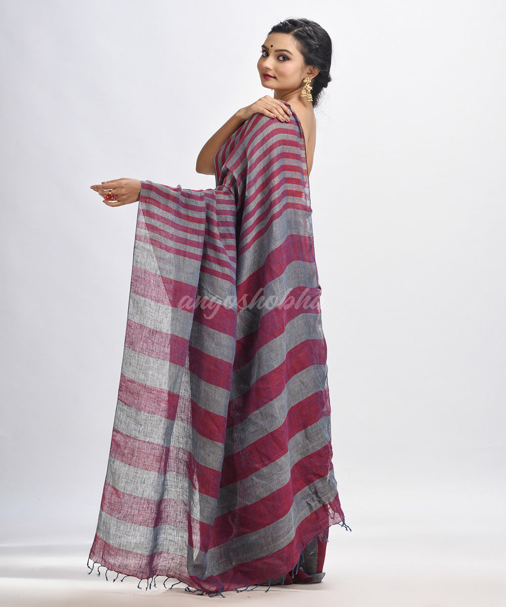 Maroon grey hand loom bengal linen saree