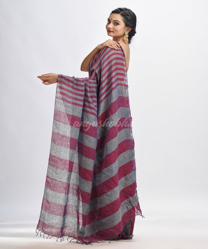 Maroon grey hand loom bengal linen saree