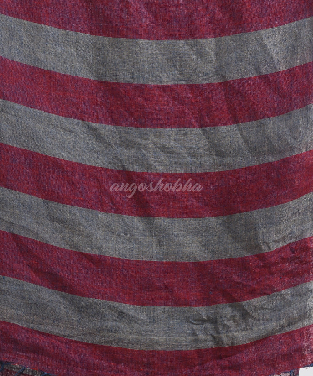 Maroon grey hand loom bengal linen saree