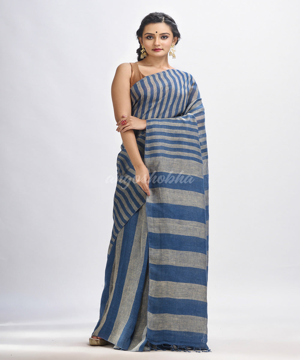 Blue handloom bengal linen saree