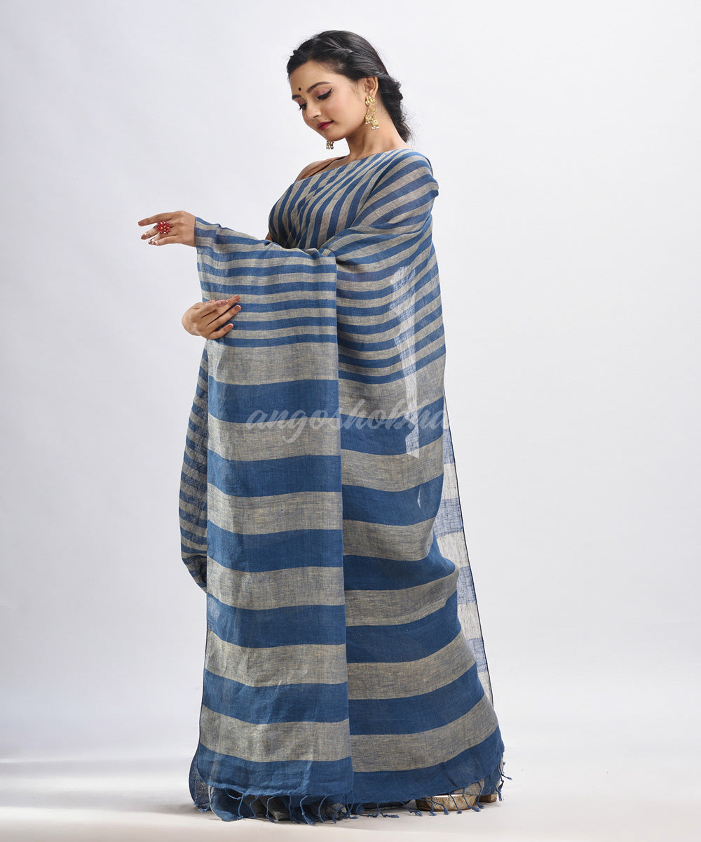 Blue handloom bengal linen saree