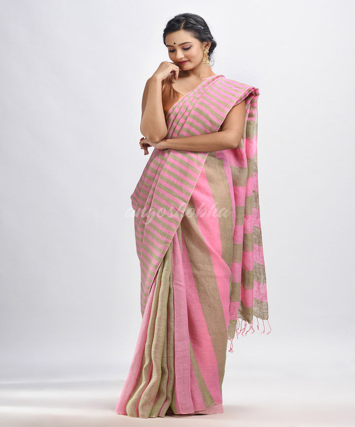 Pink handloom bengal linen saree
