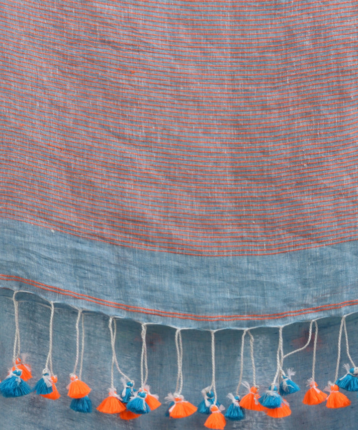 Sky blue handwoven linen stipes pallu bengal saree