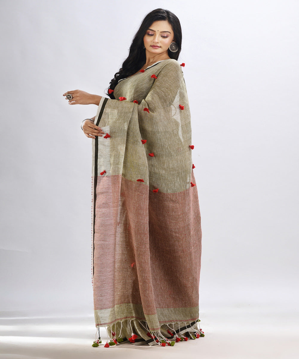 Sage green red handloom bengal linen saree