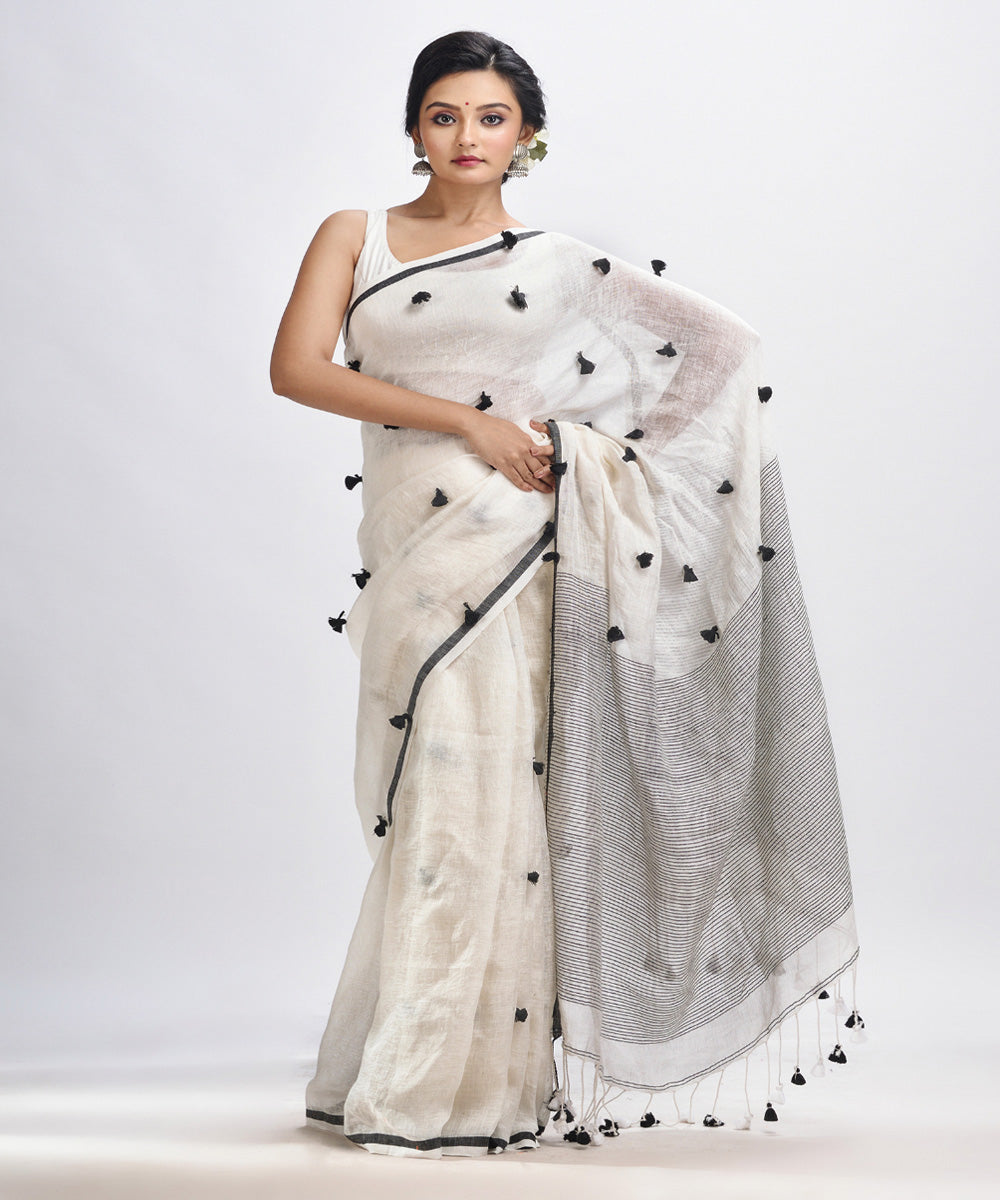 White handwoven linen stipes pallu bengal saree