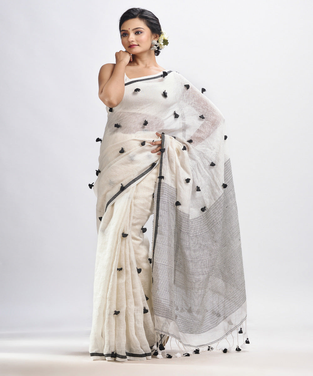 White handwoven linen stipes pallu bengal saree