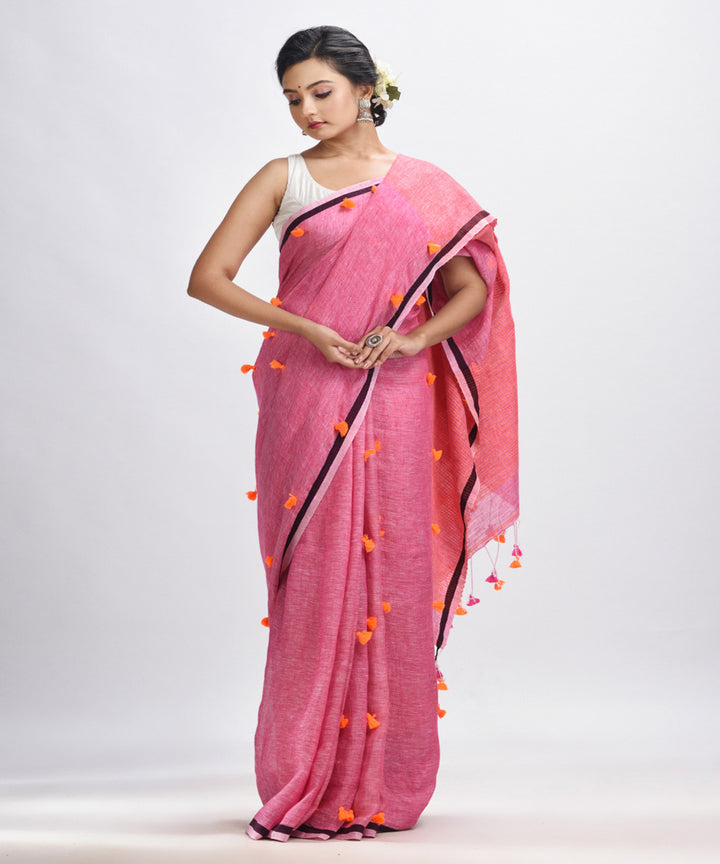 Livid pink handwoven linen stipes pallu bengal saree