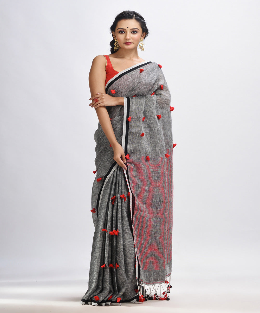 Grey red bengal handloom linen saree