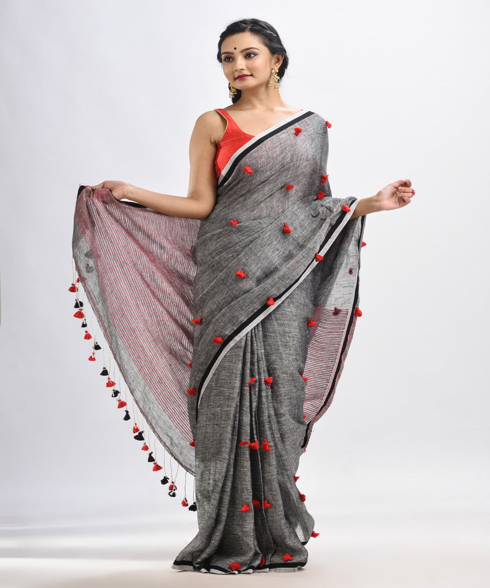 Grey red bengal handloom linen saree