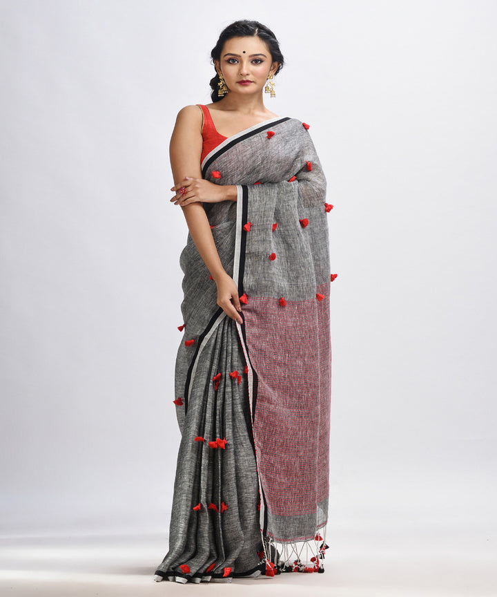 Grey handwoven linen stipes pallu bengal saree