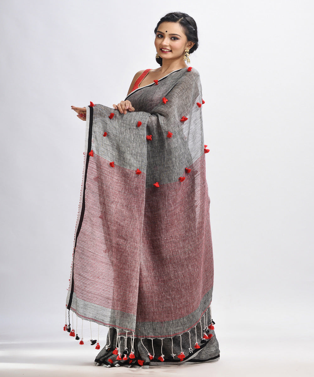 Grey handwoven linen stipes pallu bengal saree
