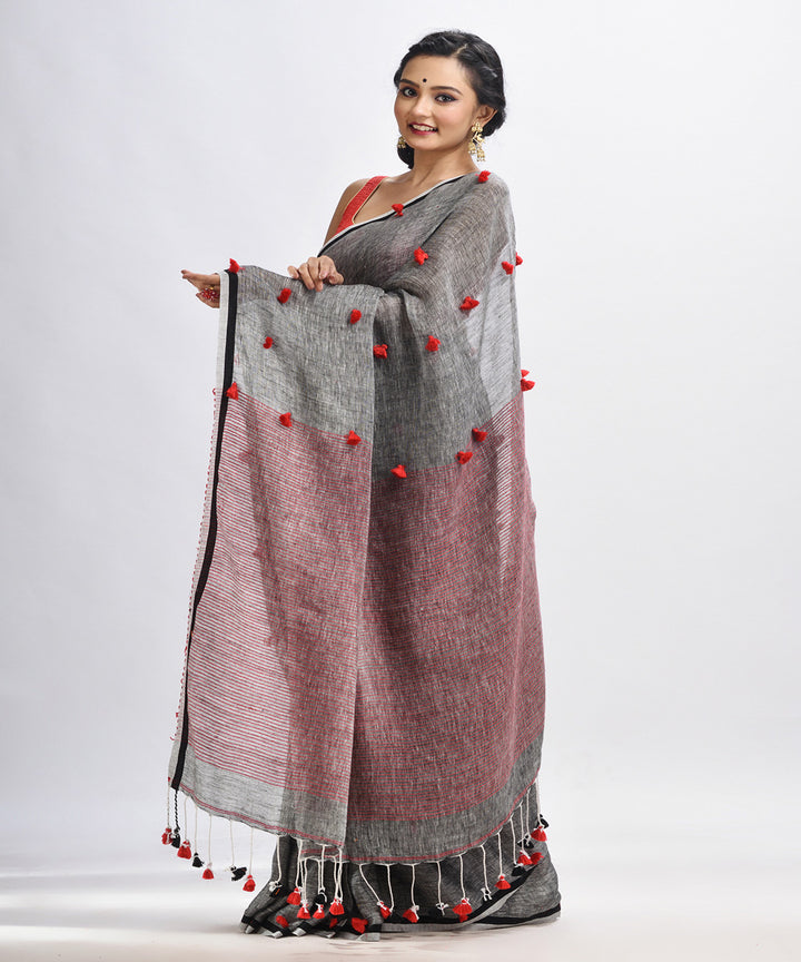 Grey red bengal handloom linen saree