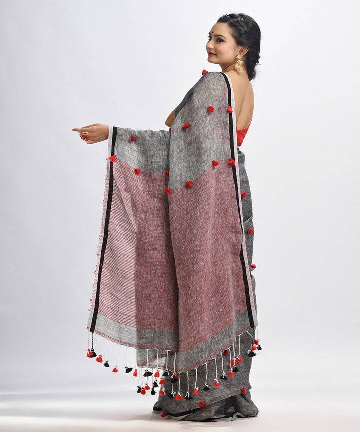 Grey red bengal handloom linen saree
