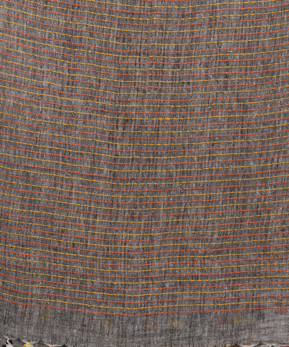 Grey handwoven kanthawork linen bengal saree