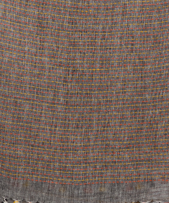Grey handwoven kanthawork linen bengal saree