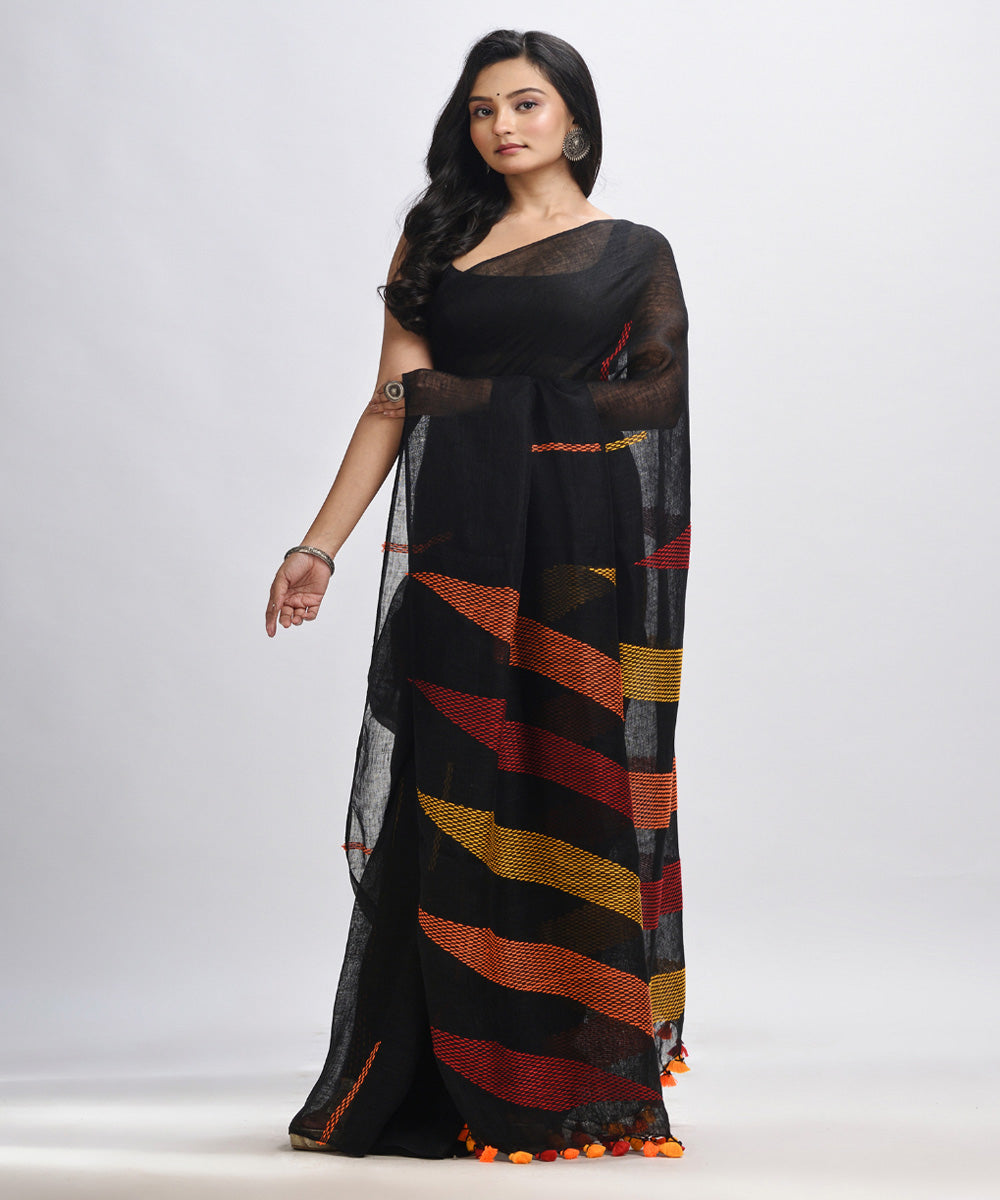 Black kantha stitch handwoven linen saree