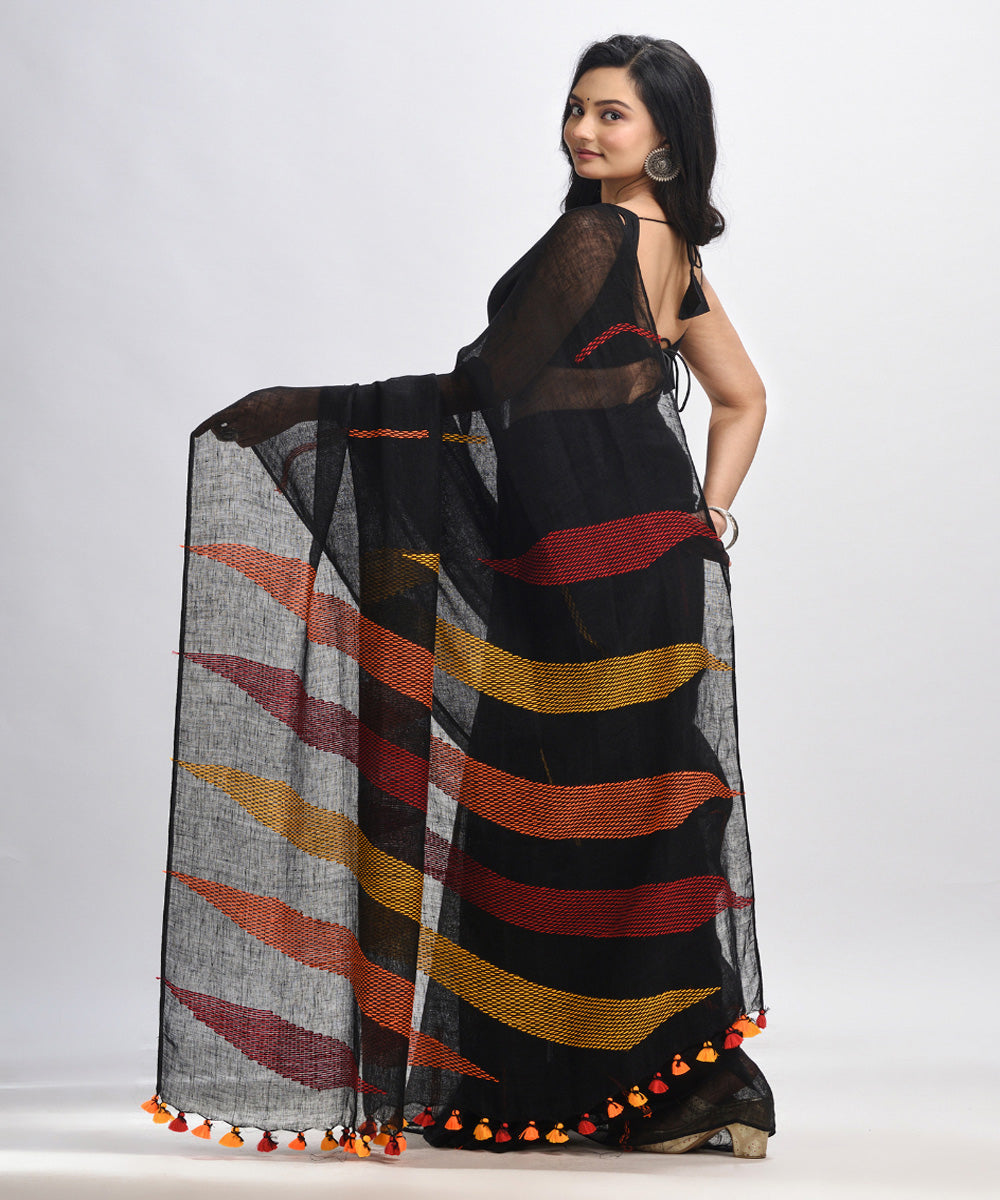 Black kantha stitch handwoven linen saree