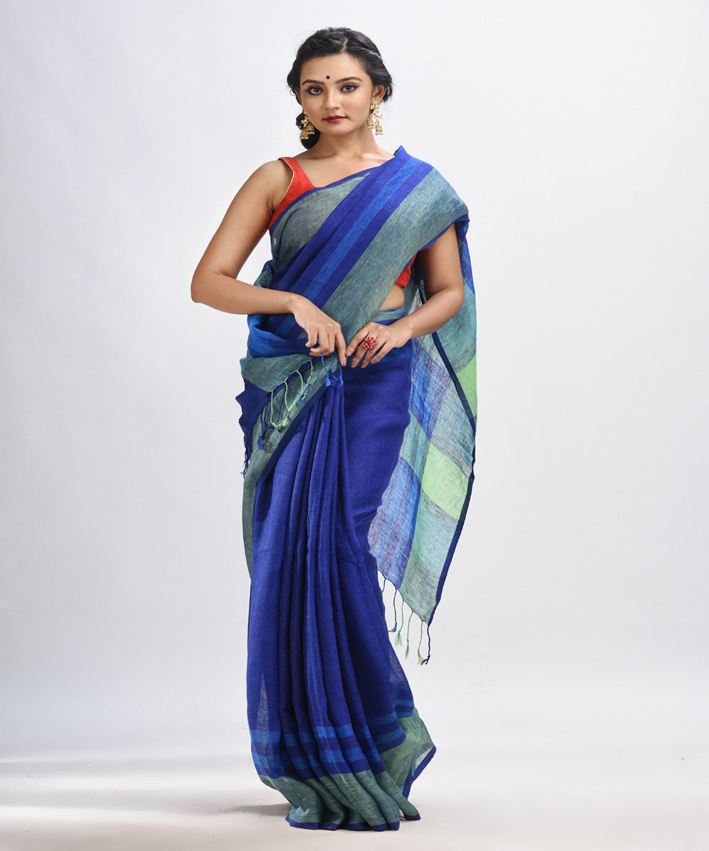 Royal blue handloom linen with stipes pallu saree