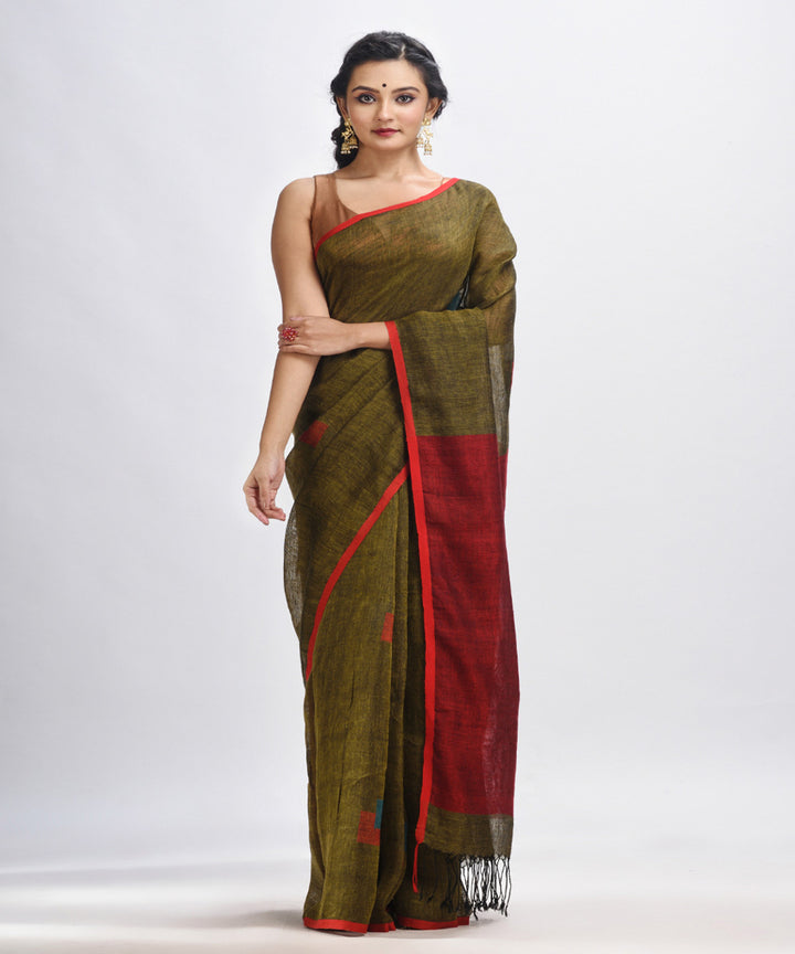 Olive green red handloom linen bengal saree