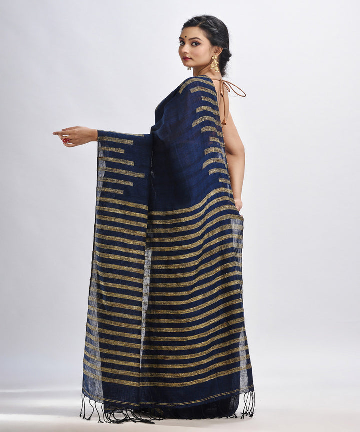 Nevy blue handloom linen harmonium design bengal saree