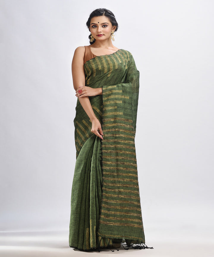 Olive green handloom bengal linen saree