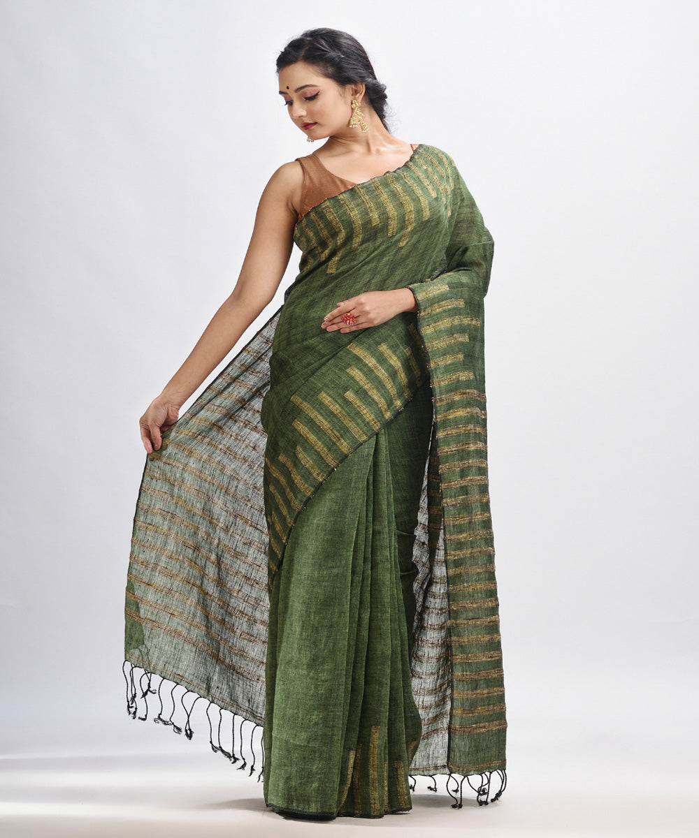 Green handloom linen harmonium design bengal saree