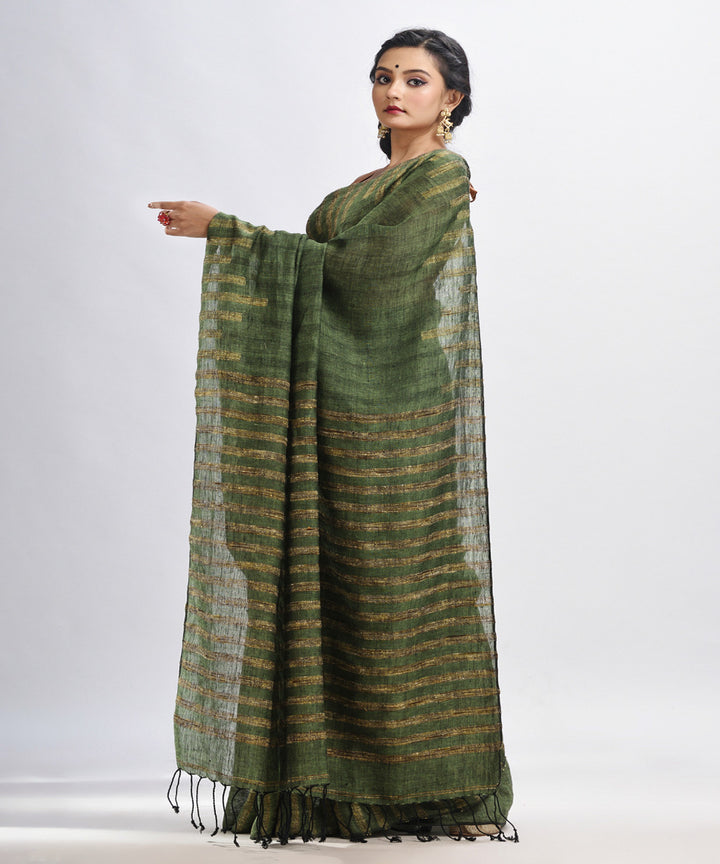 Green handloom linen harmonium design bengal saree