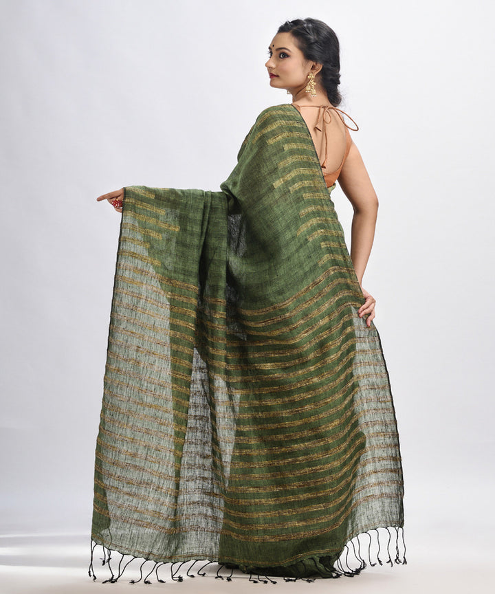 Green handloom linen harmonium design bengal saree