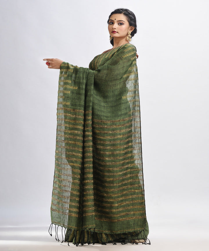 Olive green handloom bengal linen saree