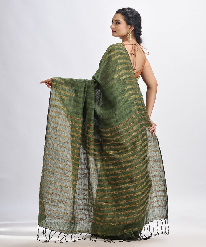 Olive green handloom bengal linen saree