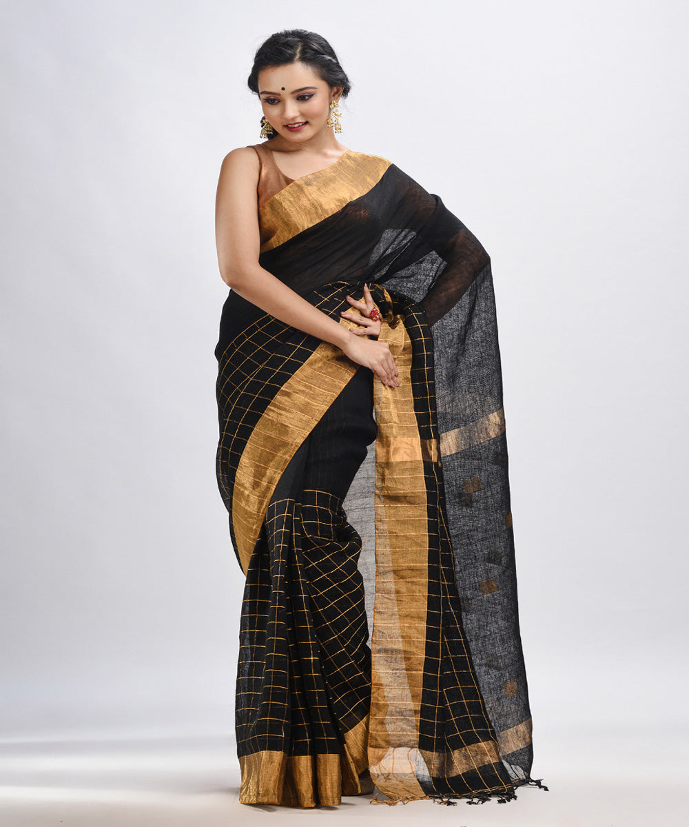 Black handloom linen half check and half plain bengal saree