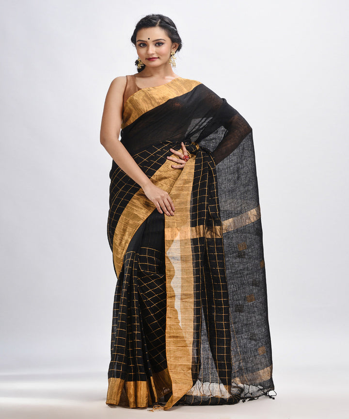 Black handloom linen half check and half plain bengal saree