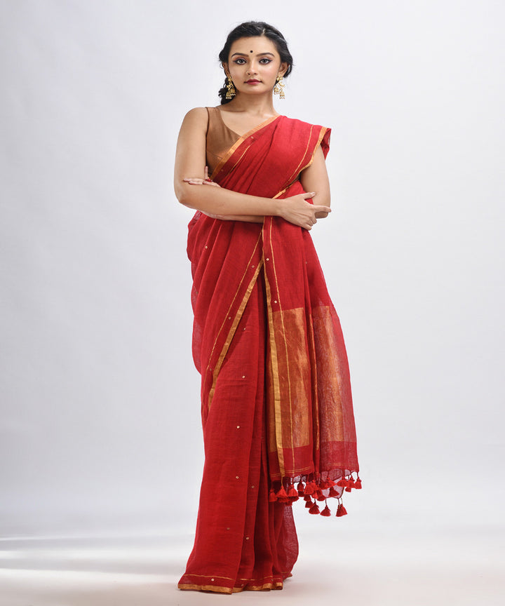 Red handloom linen sequin bengal saree