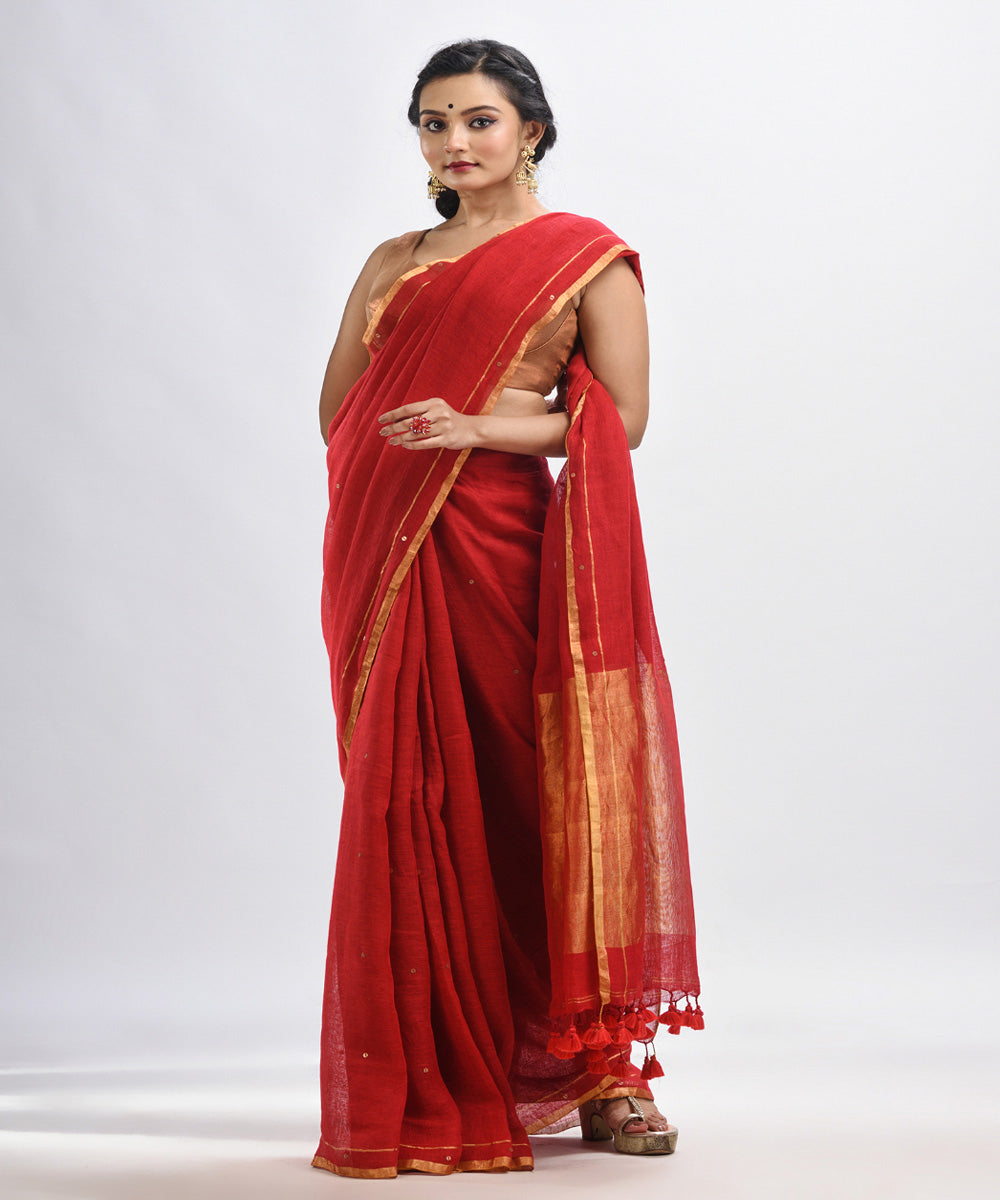 Red handloom linen sequin bengal saree
