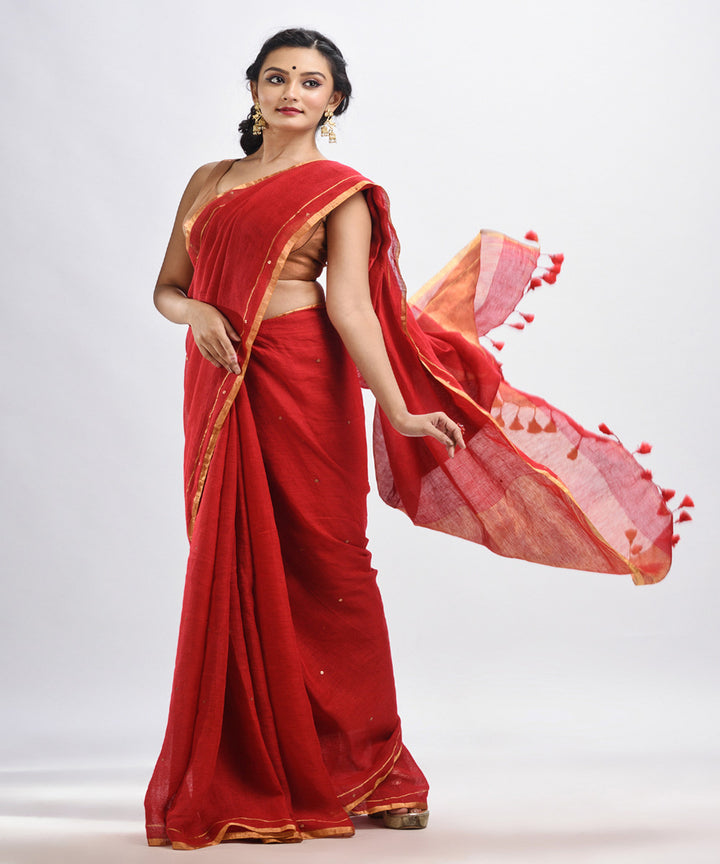 Red handloom linen sequin bengal saree
