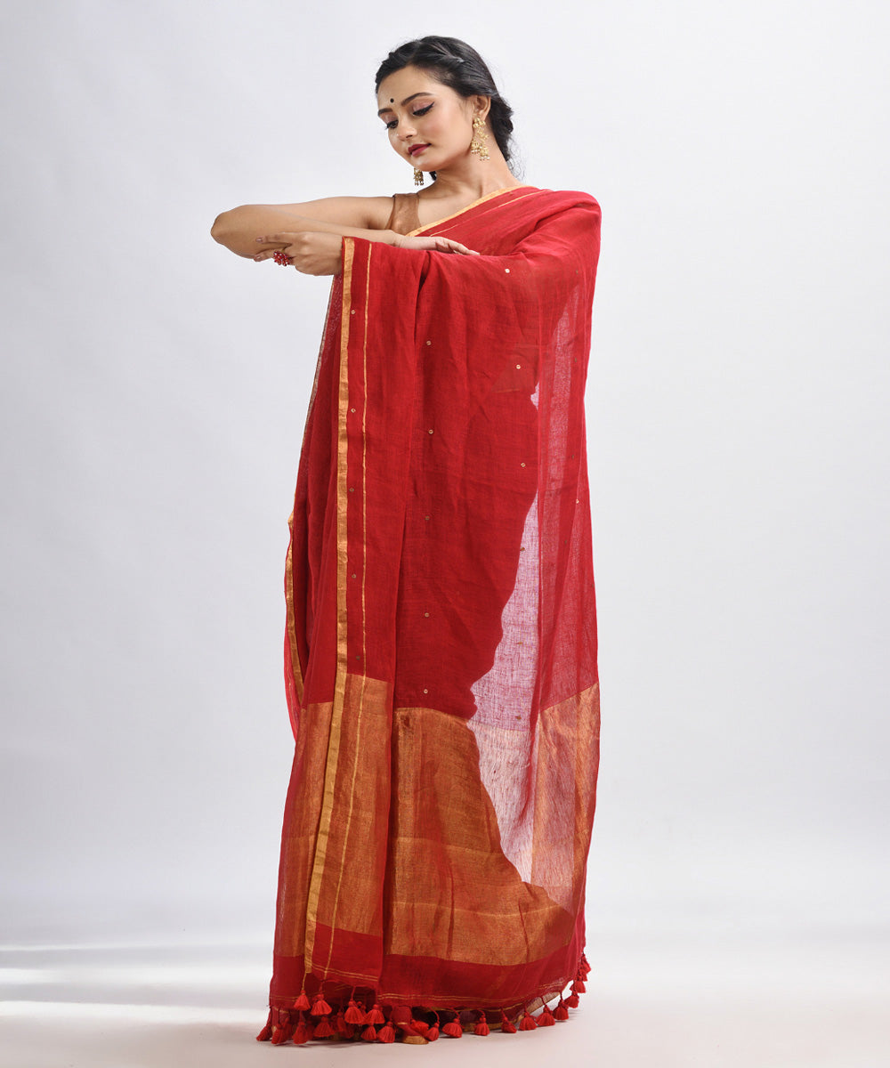 Red handloom linen sequin bengal saree