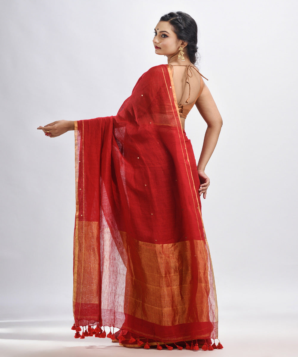 Red handloom linen sequin bengal saree