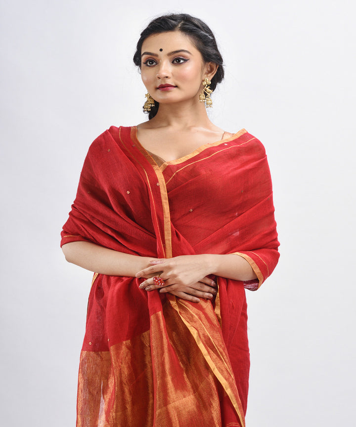 Red handloom linen sequin bengal saree