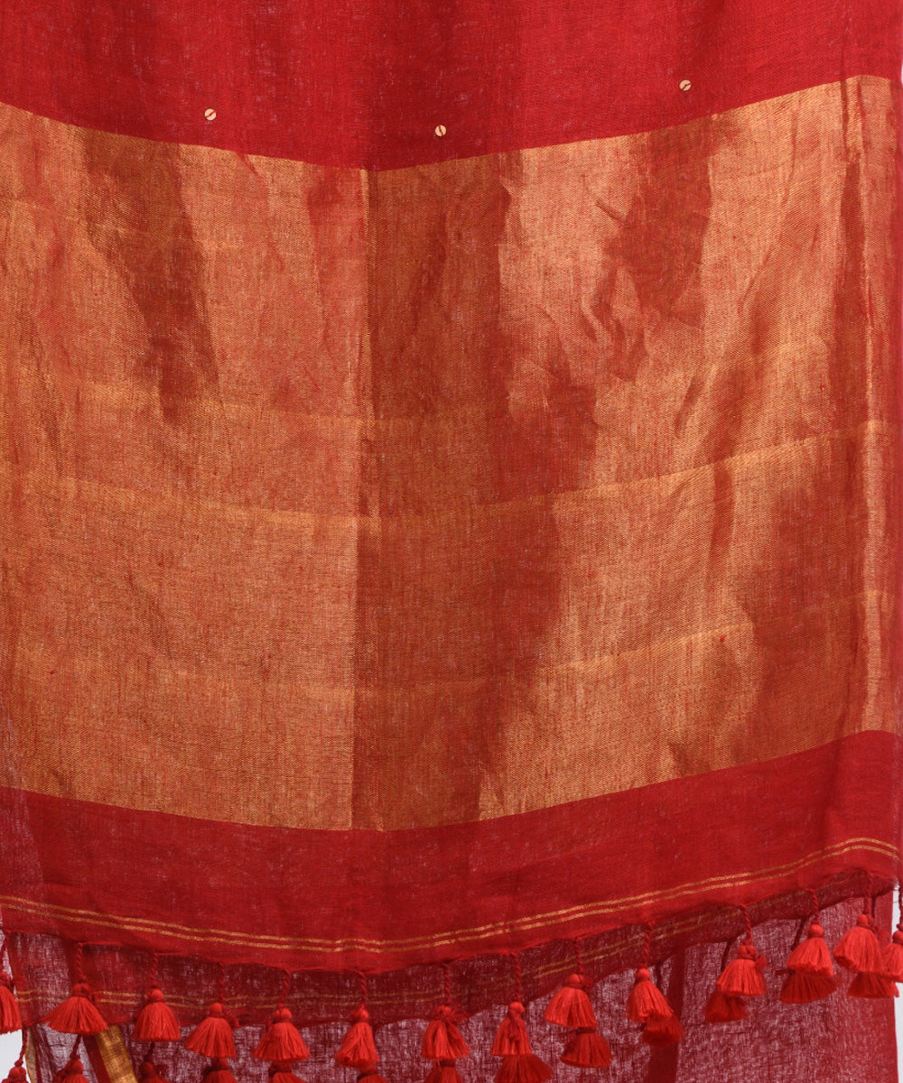 Red handloom linen sequin bengal saree