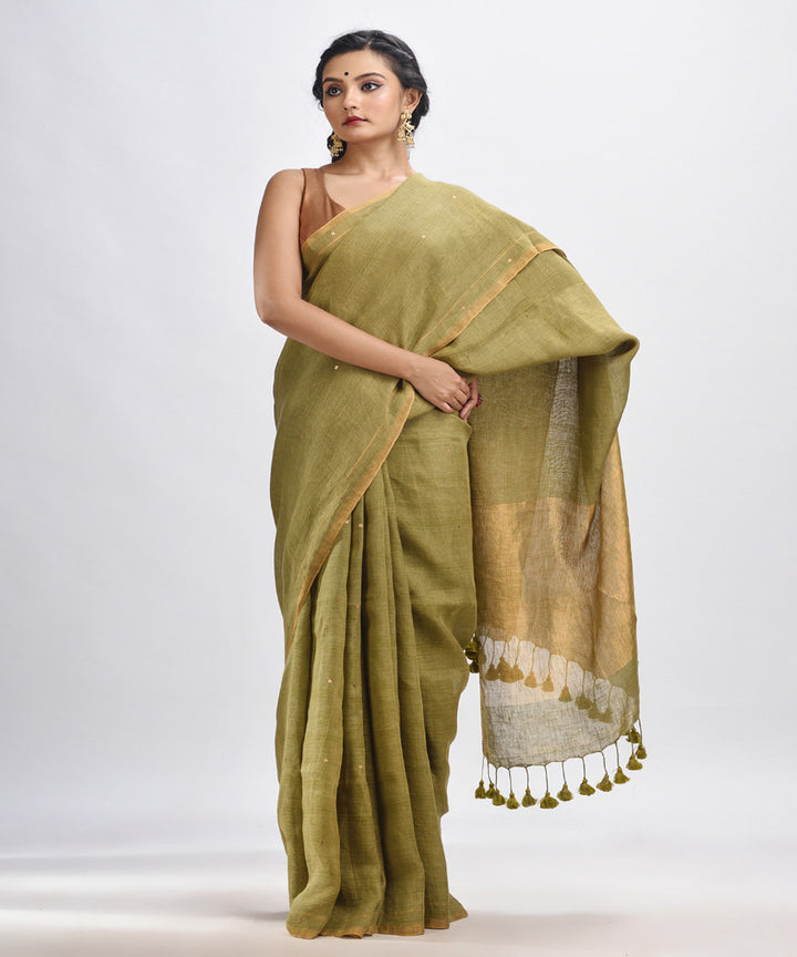 Pickle green handloom linen sequin bengal saree