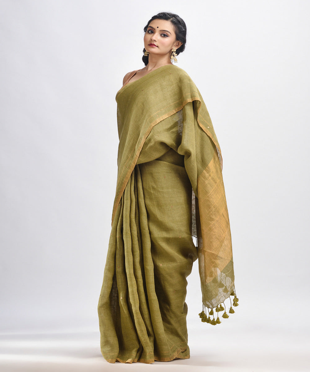 Pickle green handloom linen sequin bengal saree