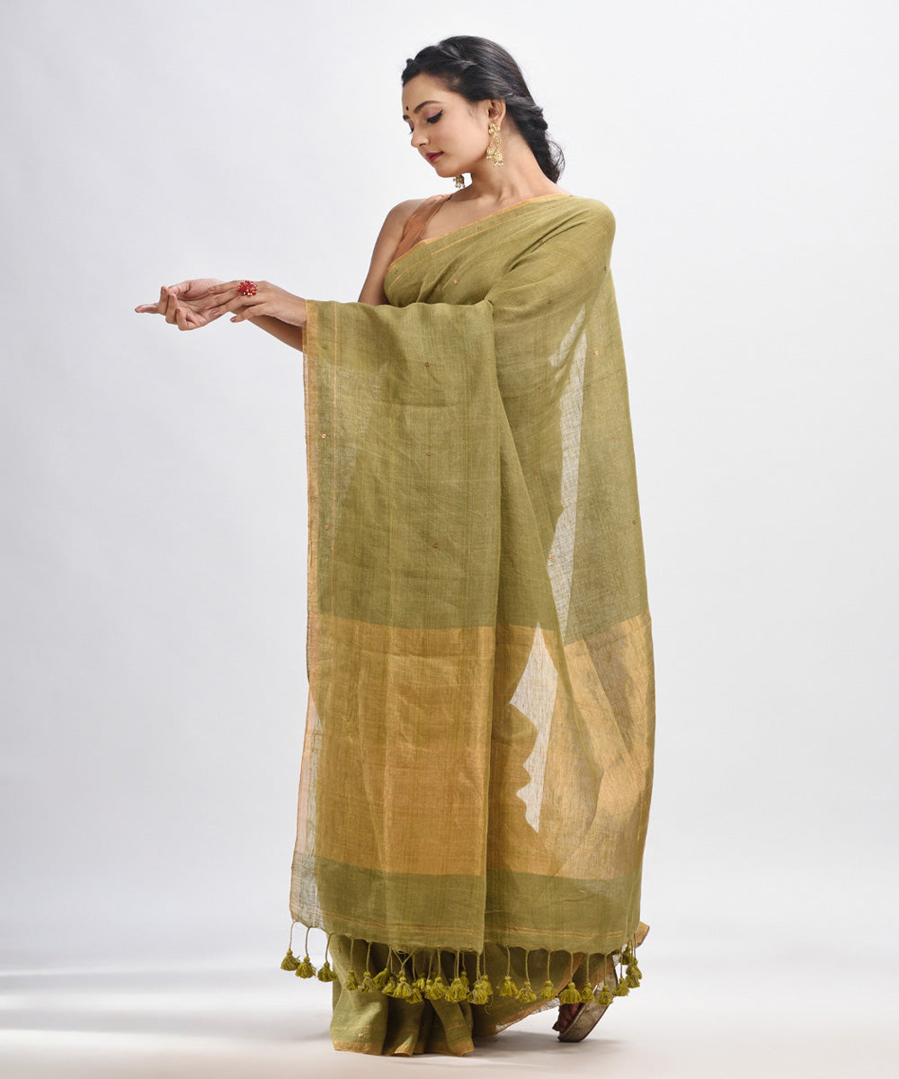 Pickle green handloom linen sequin bengal saree