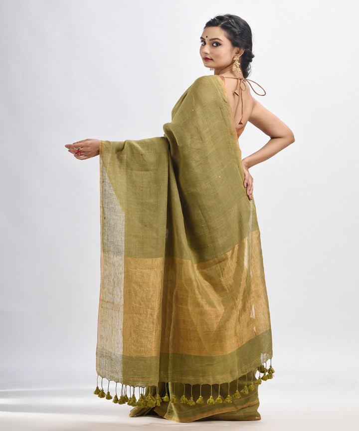 Pickle green handloom linen sequin bengal saree