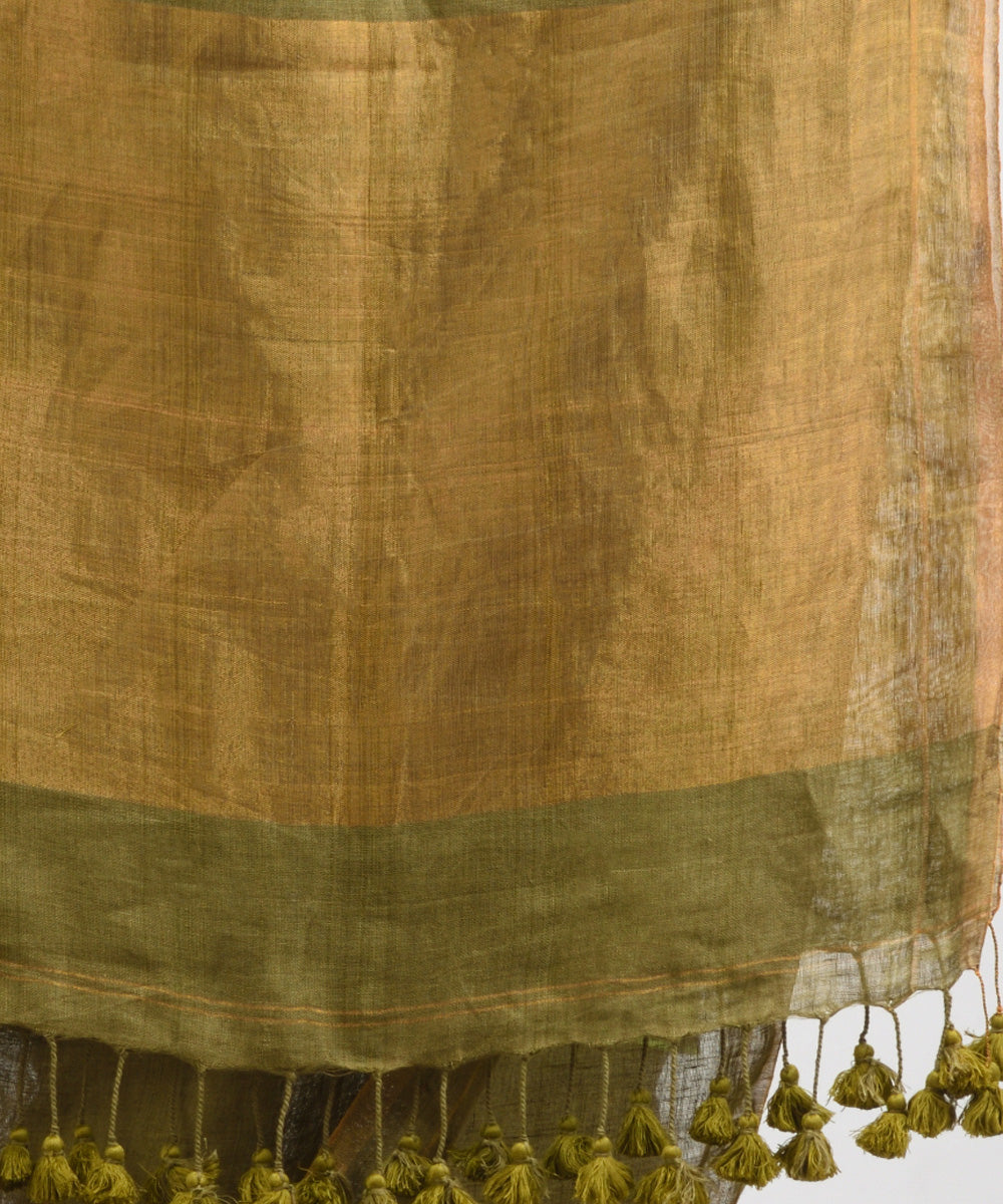 Pickle green handloom linen sequin bengal saree